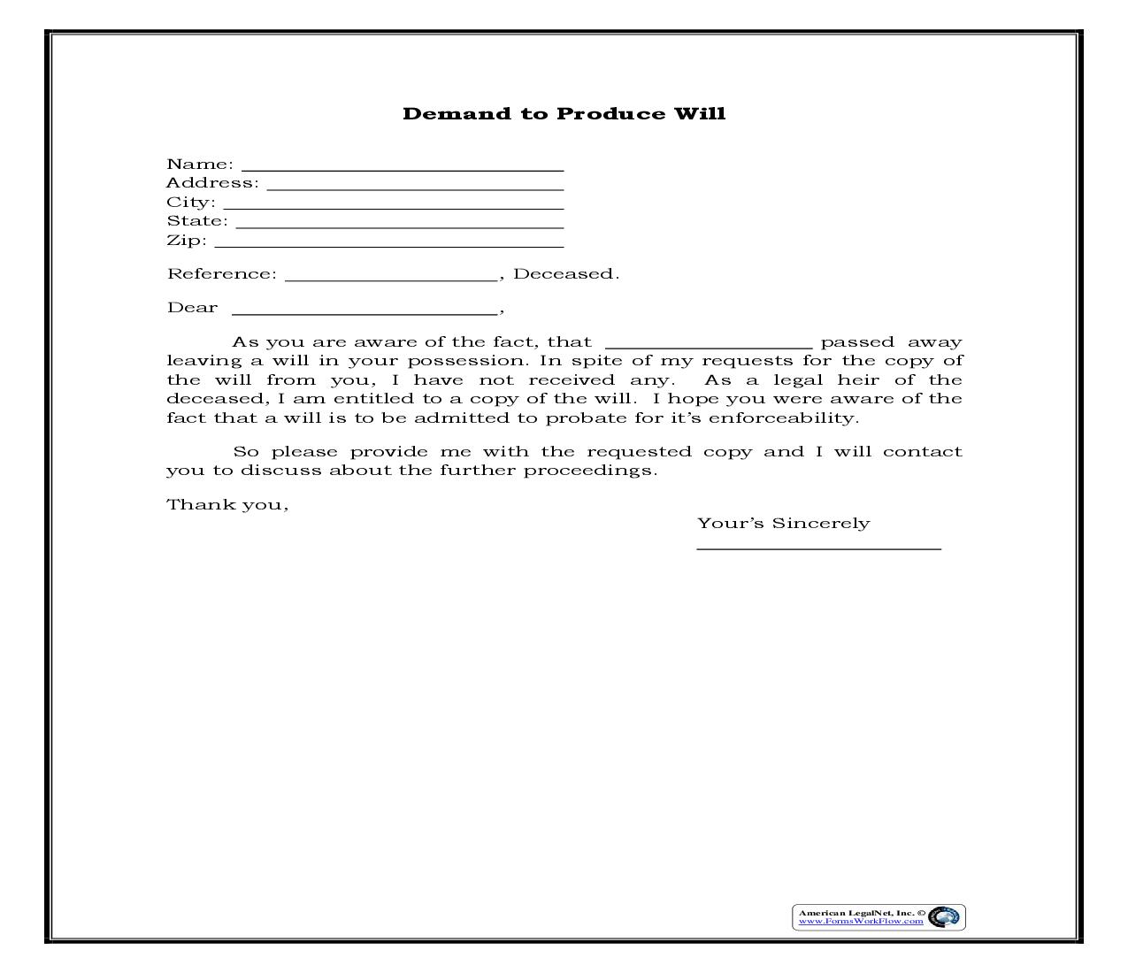 Demand To Produce Copy Of Will From Heir To Executor Or Person In Possession Of Will (Generic) {WILL 102} | Pdf Fpdf Docx | Legal Forms