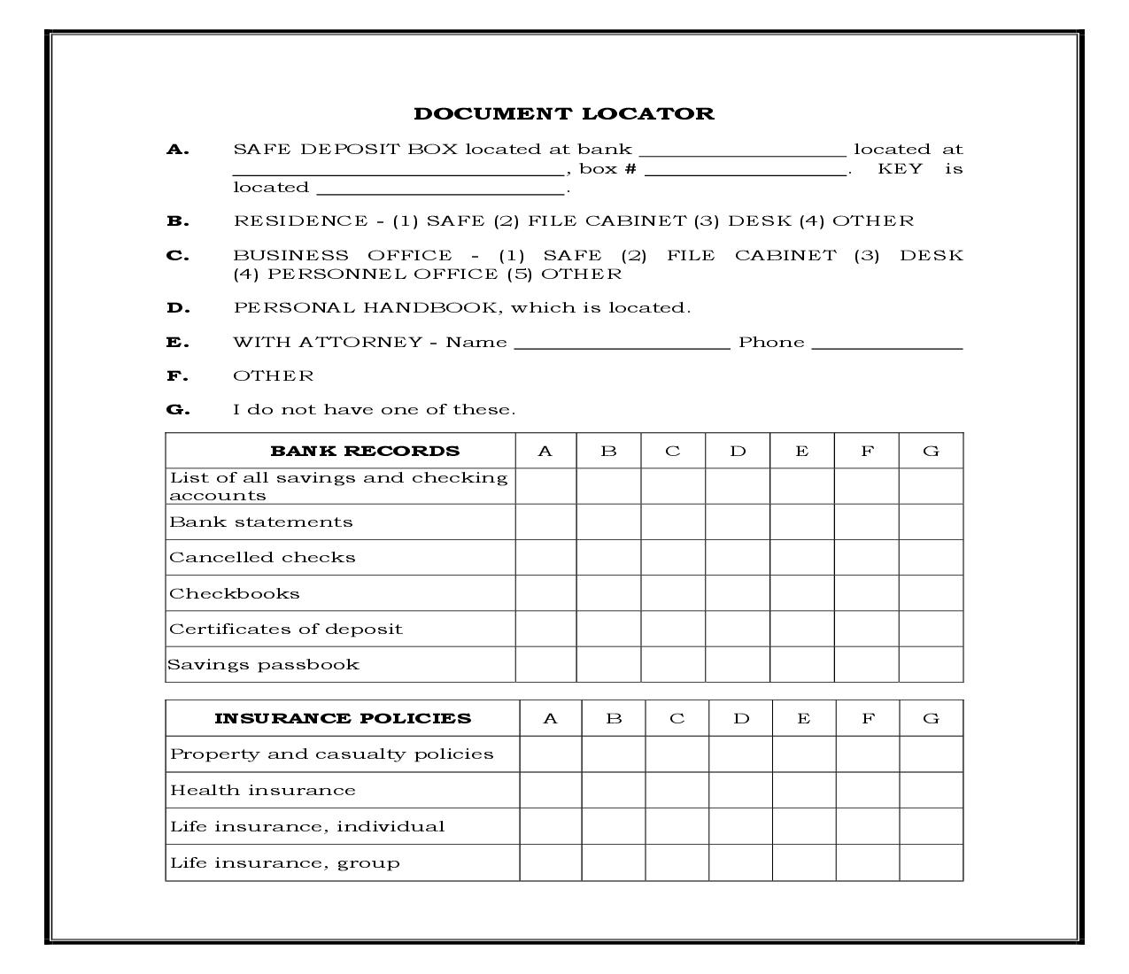 Document Locator - Personal Information Package Includes Burial Information Form (Generic) {WILL 103} | Pdf Fpdf Docx | Legal Forms