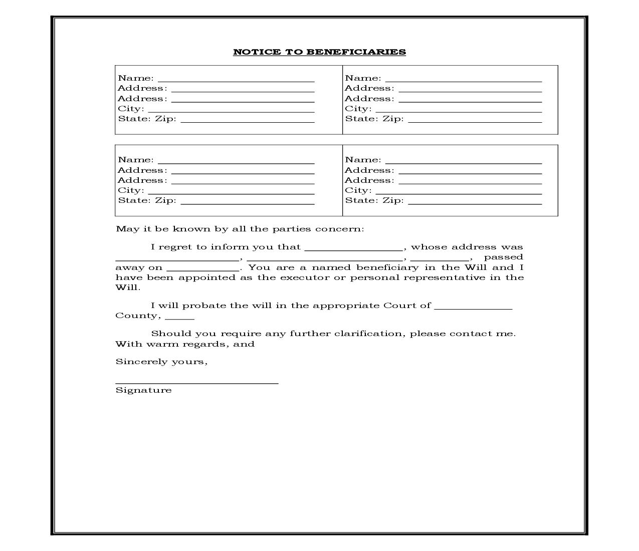 Notice To Beneficiaries Of Being Named In Will (Generic) {WILL 105} | Pdf Fpdf Docx | Legal Forms