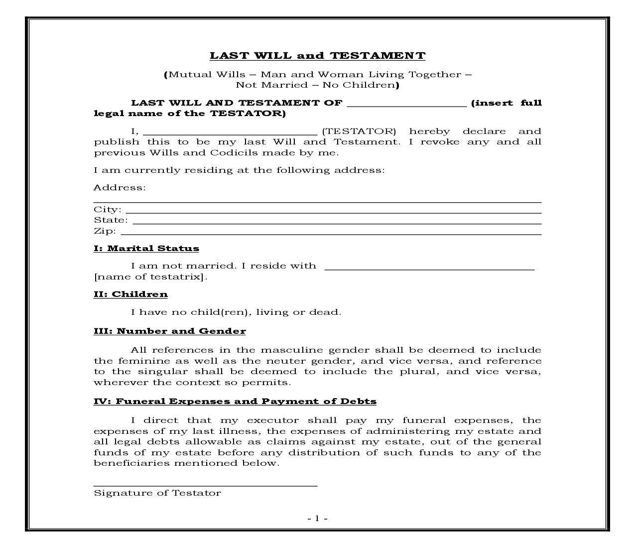 Mutual Wills - Man And Woman Living Together - Not Married - No Children (Generic) {WILL 200} | Pdf Fpdf Docx | Legal Forms