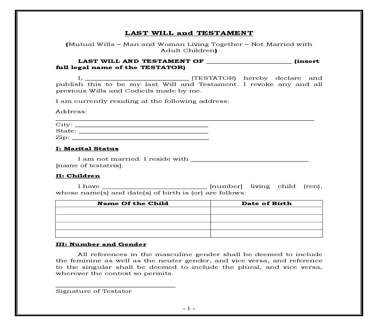 Mutual Wills - Man And Woman Living Together - Not Married - With Adult Children (Generic) {WILL 201} | Pdf Fpdf Docx | Legal Forms