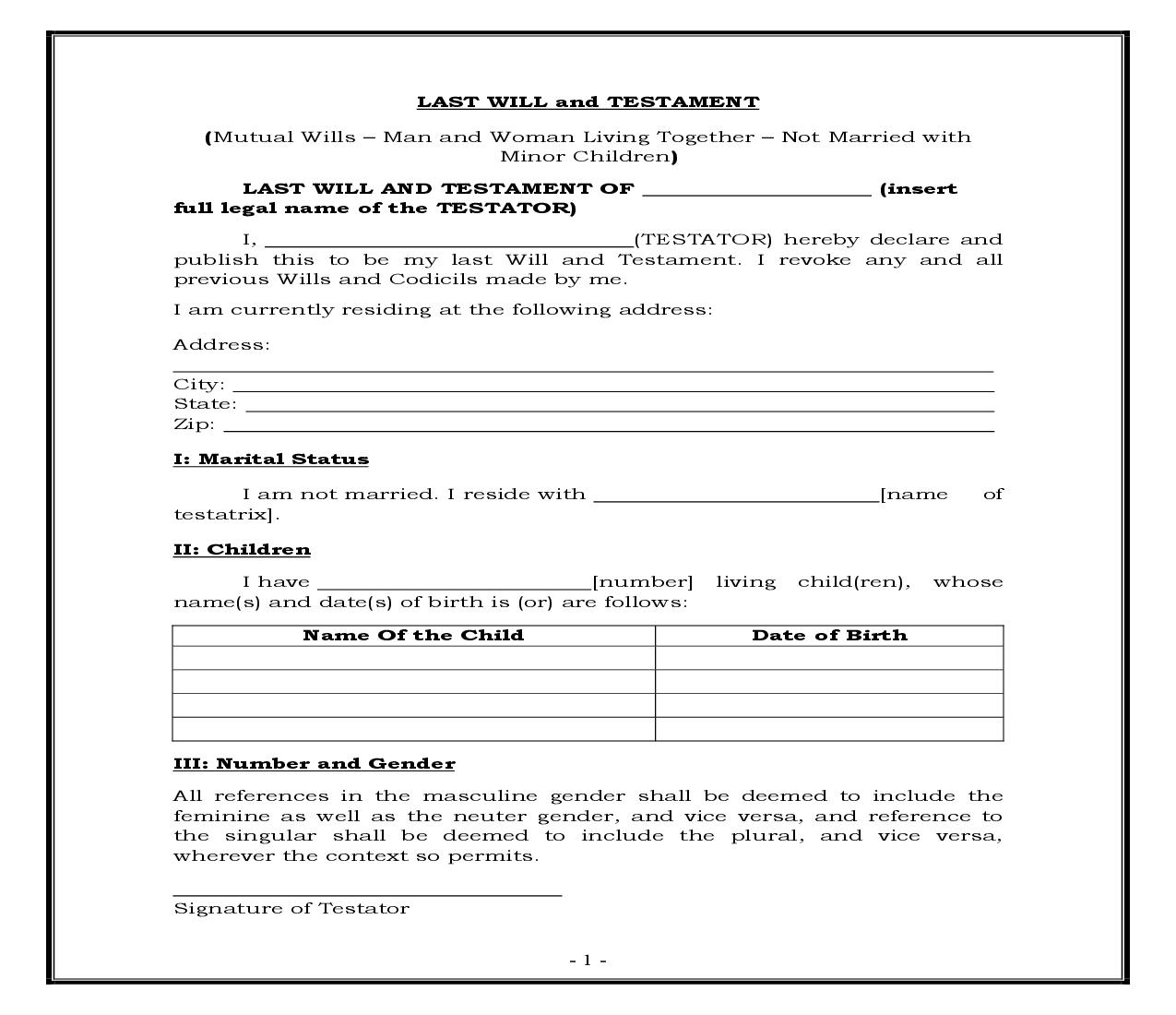 Mutual Wills - Man And Woman Living Together - Not Married - With Minor Children (Generic) {WILL 202} | Pdf Fpdf Docx | Legal Forms