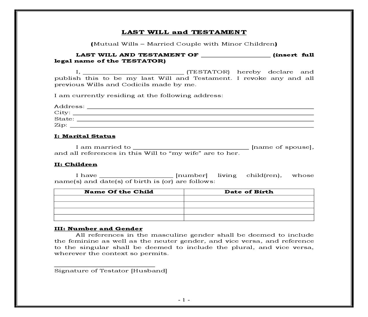 Mutual Wills - Married Couple With Minor Children (Generic) {WILL 205} | Pdf Fpdf Docx | Legal Forms