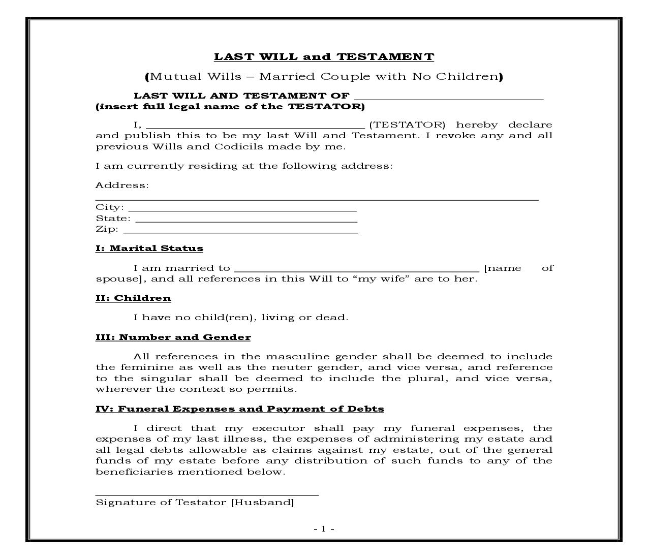 Mutual Wills - Married Couple With No Children (Generic) {WILL 206} | Pdf Fpdf Docx | Legal Forms