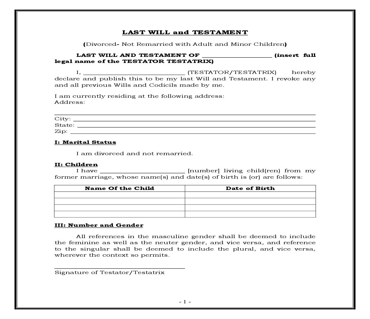 Divorced - Not Remarried - Adult And Minor Children (Generic) {WILL 300} | Pdf Fpdf Docx | Legal Forms