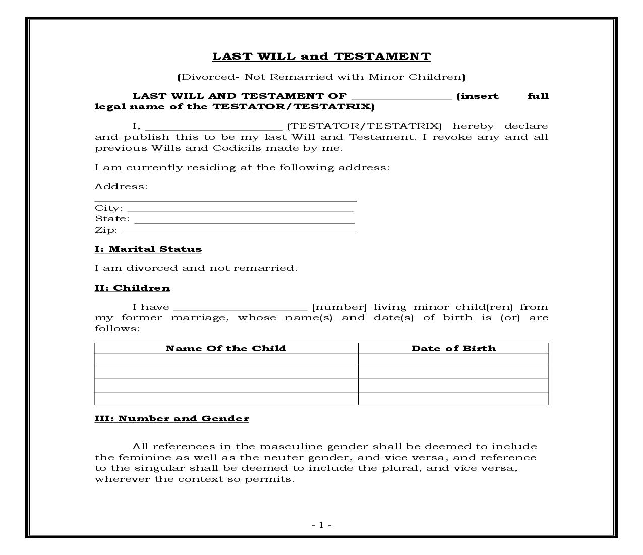 Divorced - Not Remarried - Minor Children (Generic) {WILL 301} | Pdf Fpdf Docx | Legal Forms