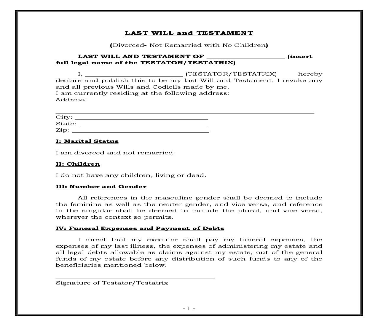Divorced - Not Remarried - No Children (Generic) {WILL 302} | Pdf Fpdf Docx | Legal Forms
