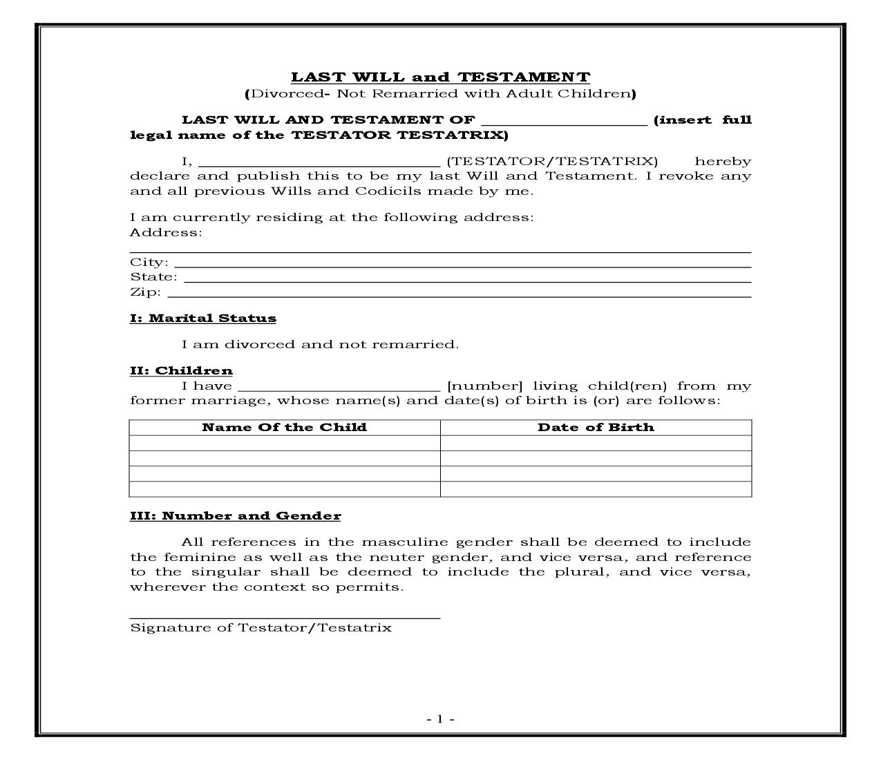 Divorced - Not Remarried- Adult Children (Generic) {WILL 303} | Pdf Fpdf Docx | Legal Forms
