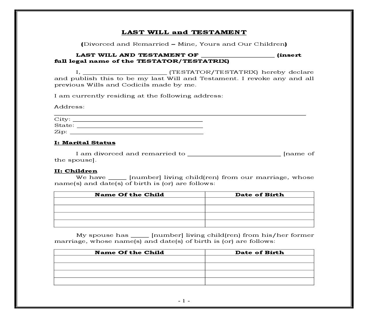 Divorced And Remarried - Mine Yours And Ours Children (Generic) {WILL 304} | Pdf Fpdf Docx | Legal Forms