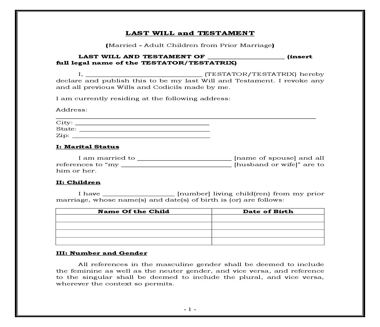 Married - Adult Children From Prior Marriage (Generic) {WILL 403} | Pdf Fpdf Docx | Legal Forms