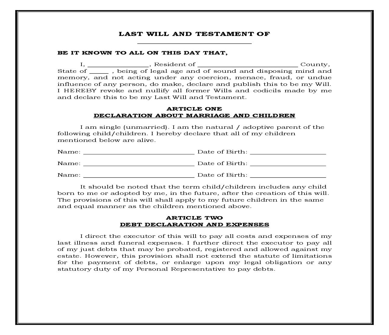 Single - Minor Children (Generic) {WILL 502} | Pdf Fpdf Docx | Legal Forms