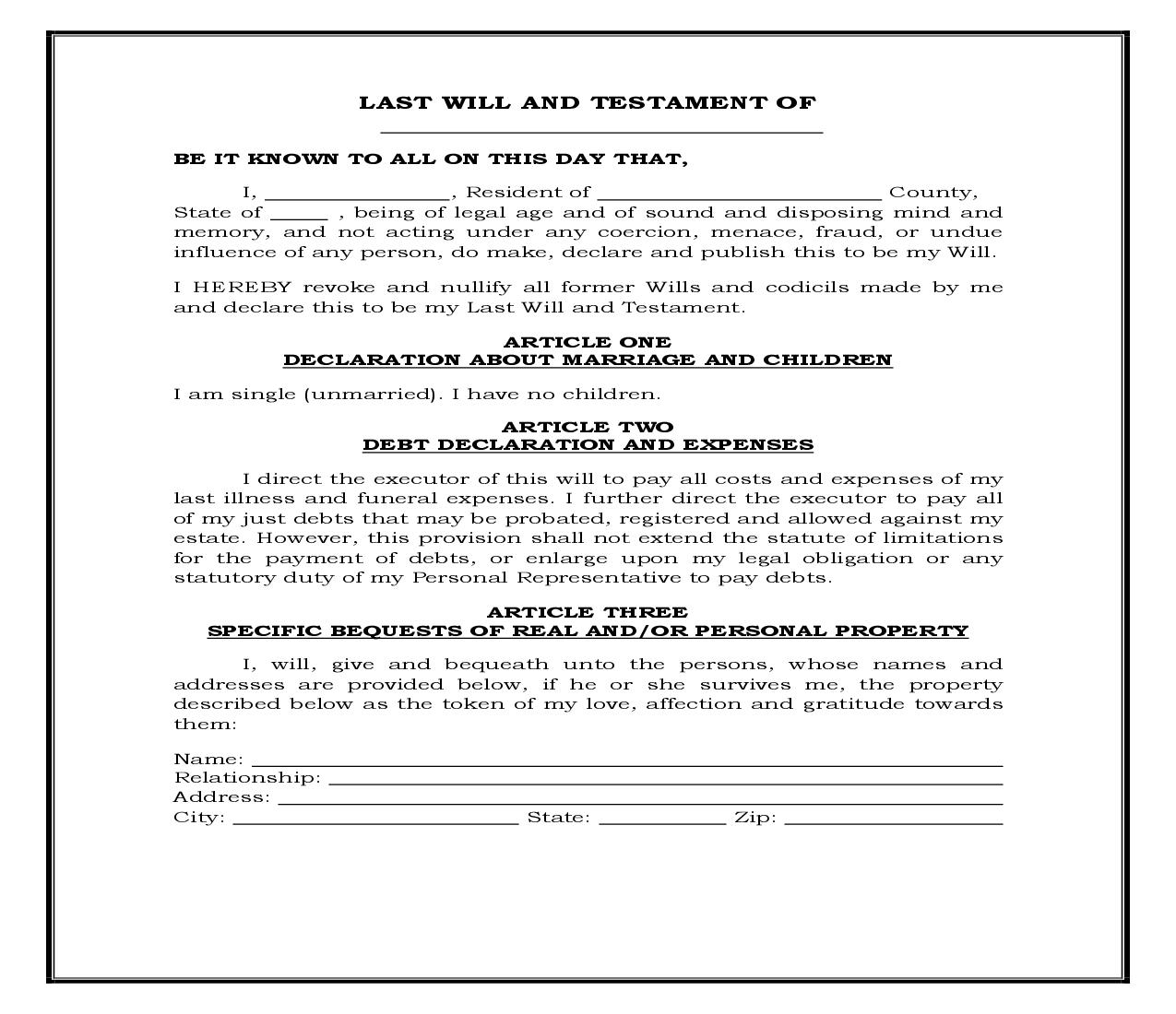 Single - No Children (Generic) {WILL 503} | Pdf Fpdf Docx | Legal Forms