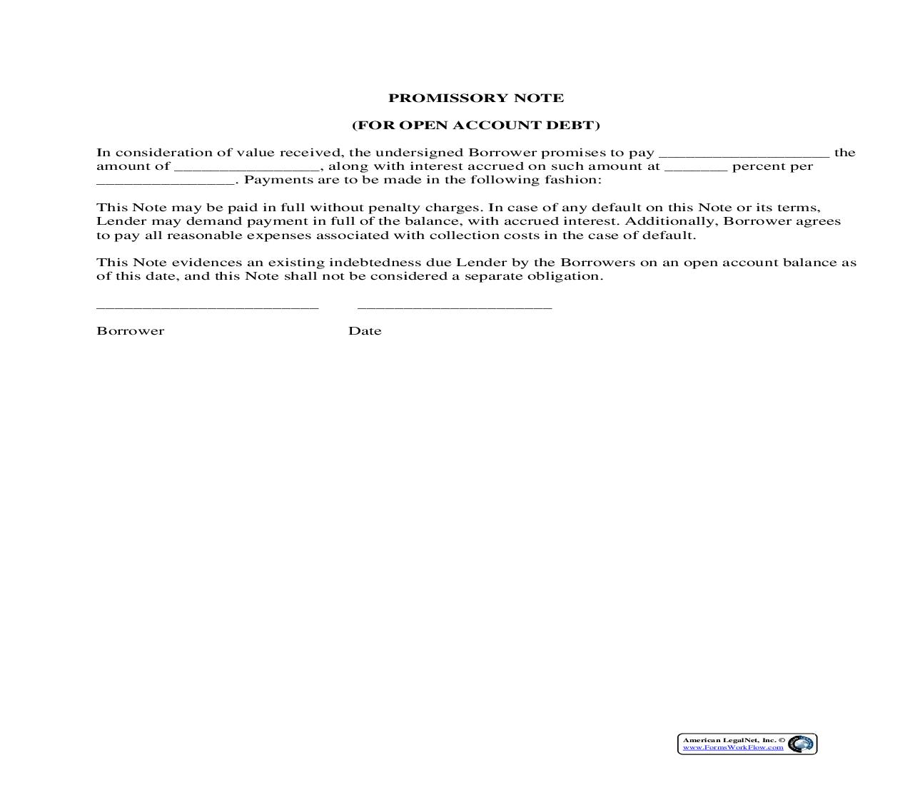 Promissory Note-For Open Account Debt {PN-812} | Pdf Fpdf Docx | Legal Forms