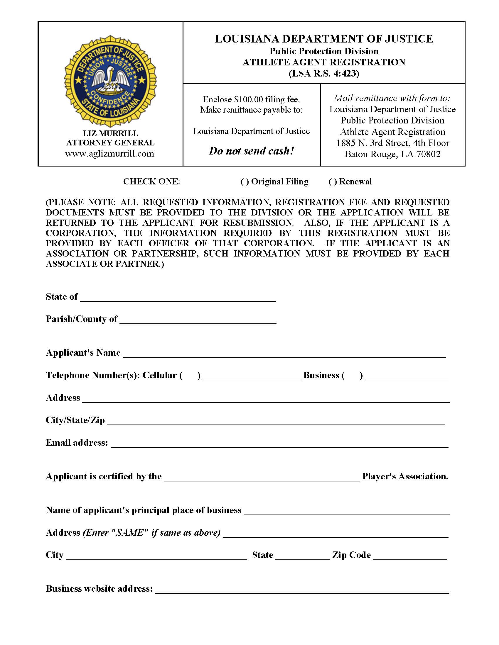 Athlete Agent Registration | Pdf Fpdf Doc Docx | Louisiana