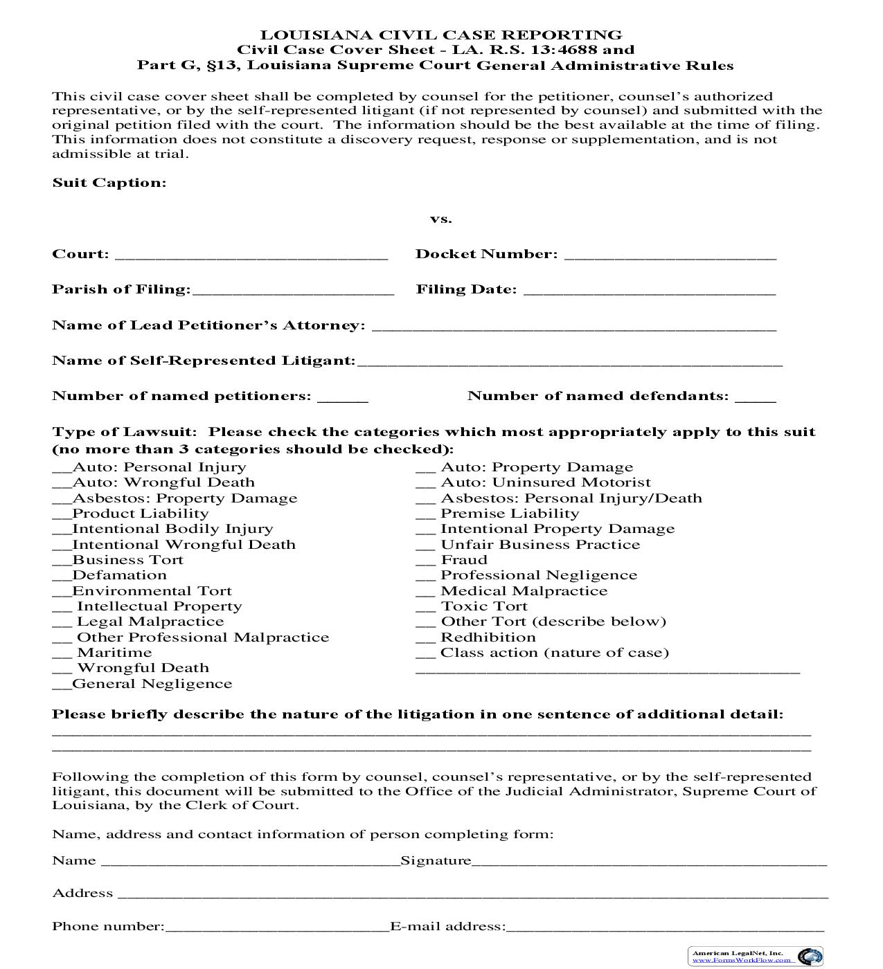 Civil Case Cover Sheet | Pdf Fpdf Doc Docx | Louisiana