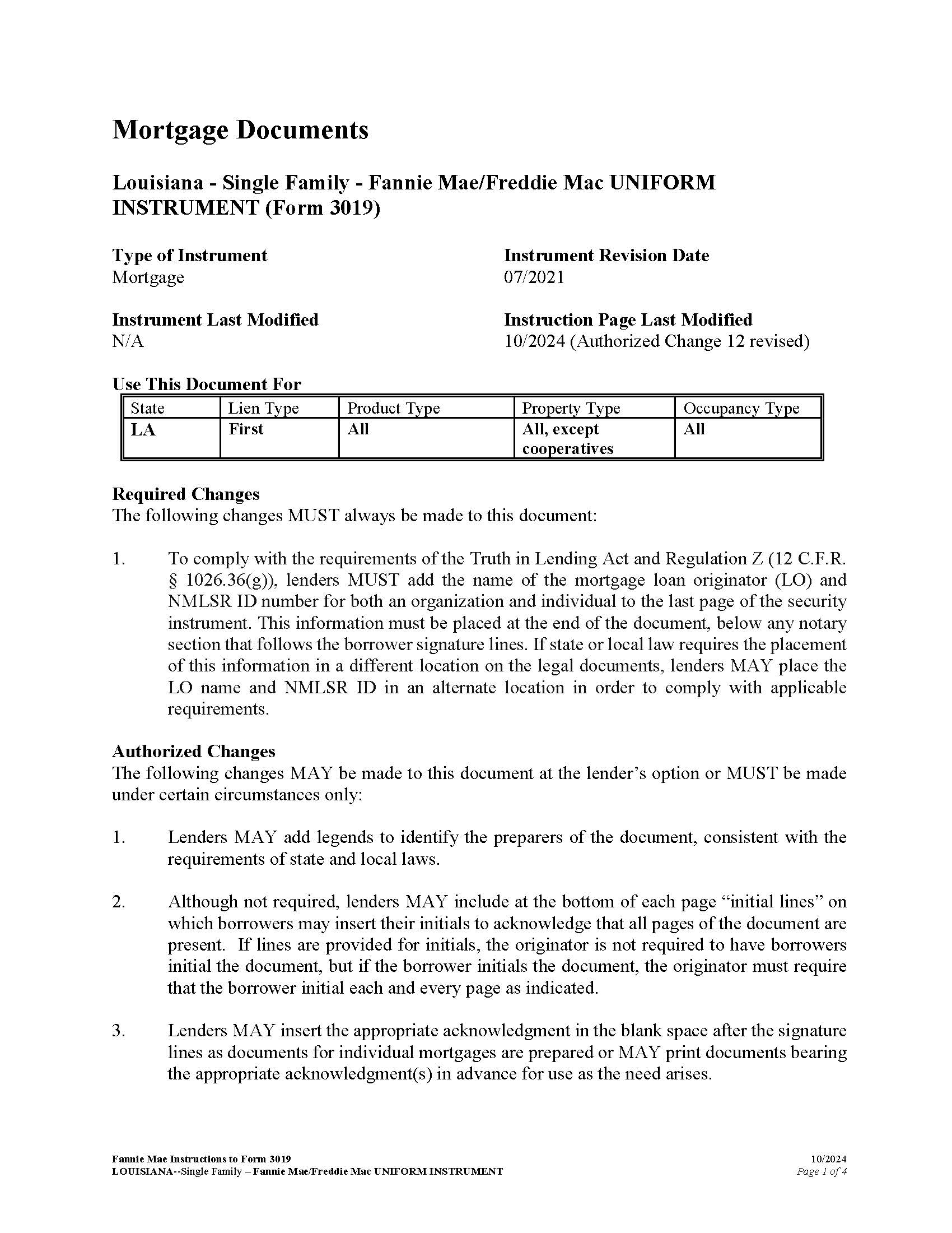 Mortgage Instructions (Form 3019 Mandatory And Optional Additions) | Pdf Fpdf Docx | Louisiana
