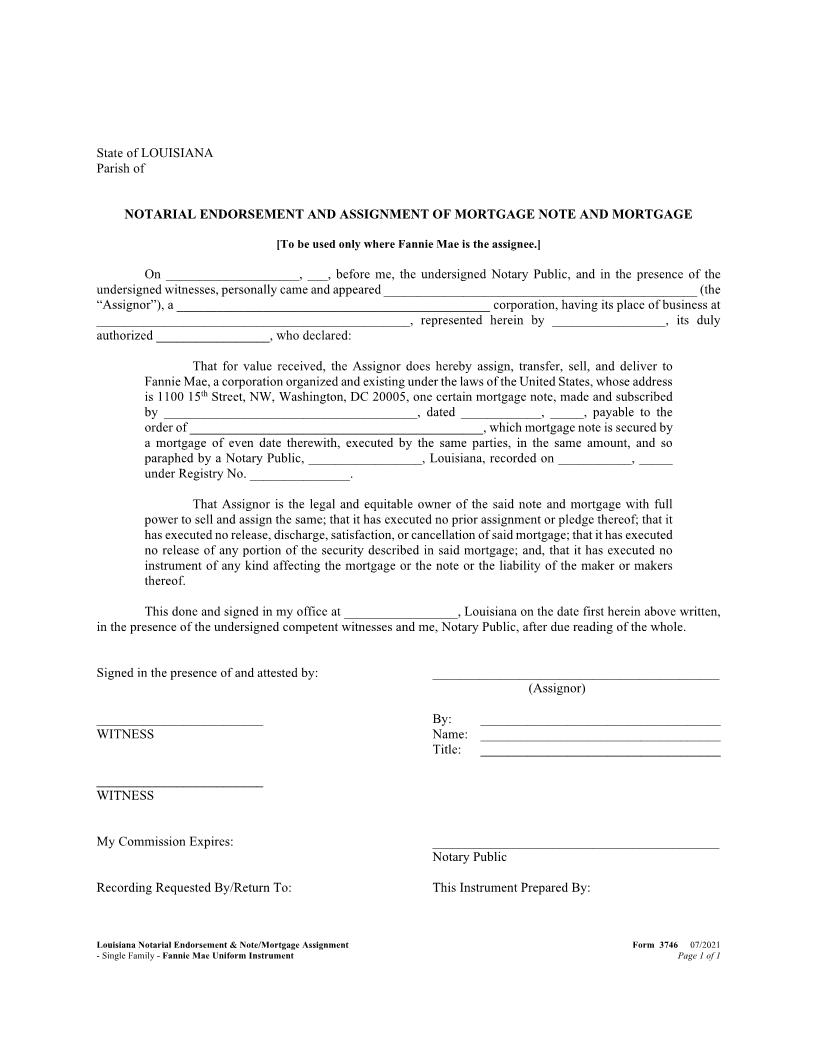 Notarial Endorsement Assignment Mortgage Note And Mortgage (Single Family) {3746} | Pdf Fpdf Docx | Louisiana