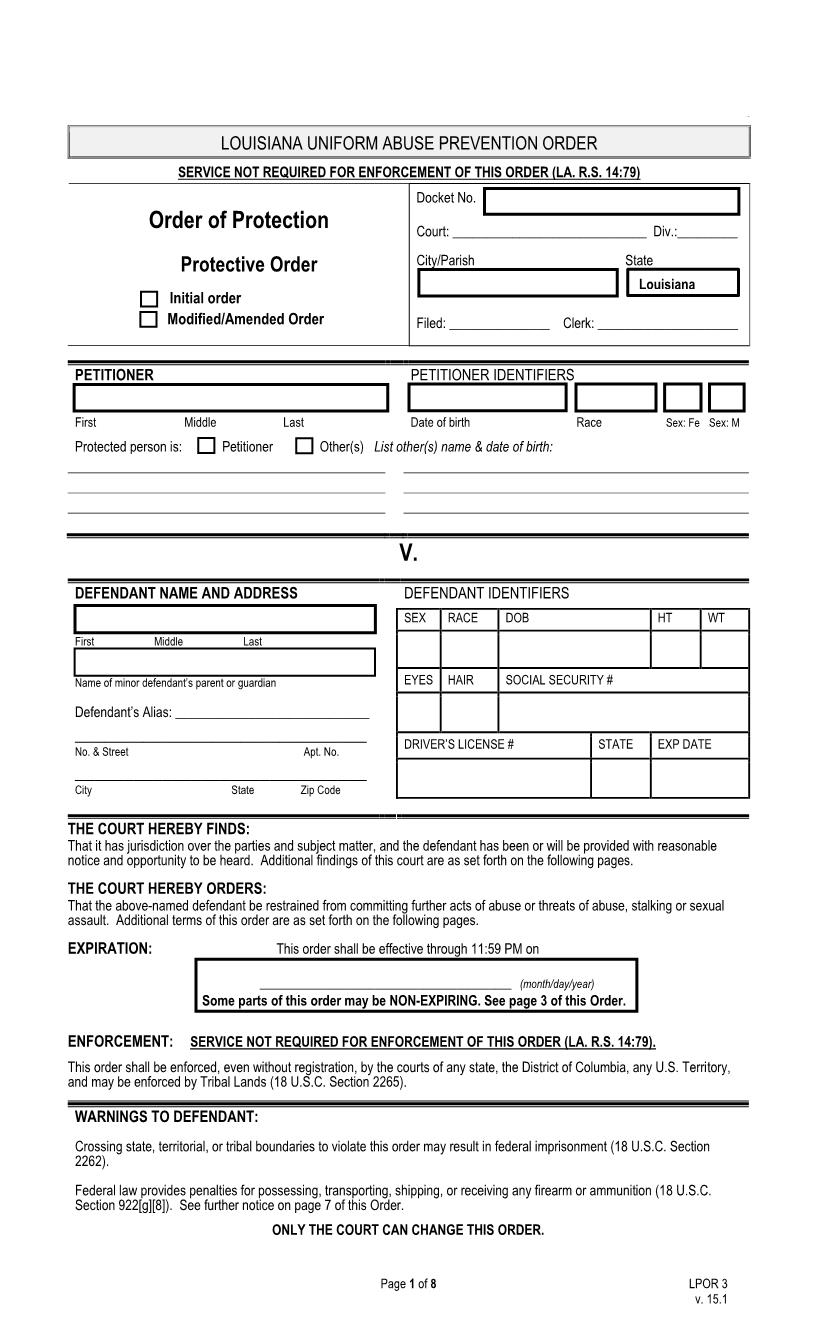 Order Of Protection (Modified) Protective Order {LPOR 3} | Pdf Fpdf Docx | Louisiana