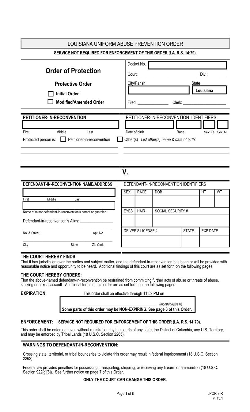 Order Of Protection (Modified) Protective Order (In Re-Convention) {LPOR 3-R} | Pdf Fpdf Docx | Louisiana