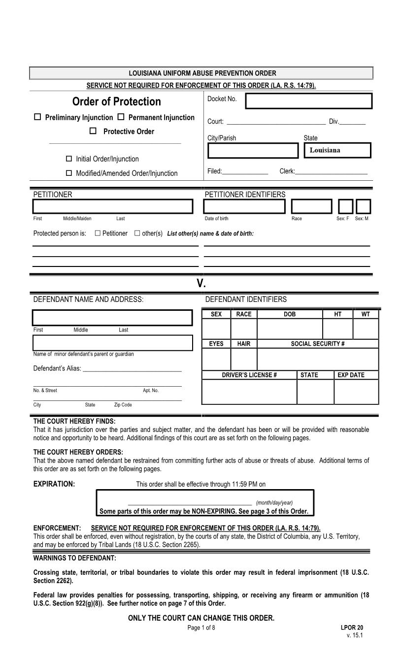 Order Of Protection (Modified) Temporary-Permanent Injunction Or Protective Order {LPOR 20} | Pdf Fpdf Docx | Louisiana