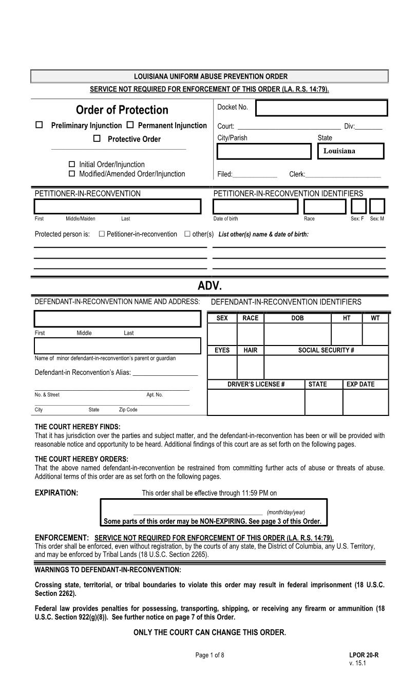 Order Of Protection (Modified) Temporary-Permanent Injunction-Protective Order (In-Reconvention) {LPOR 20-R} | Pdf Fpdf Docx | Louisiana