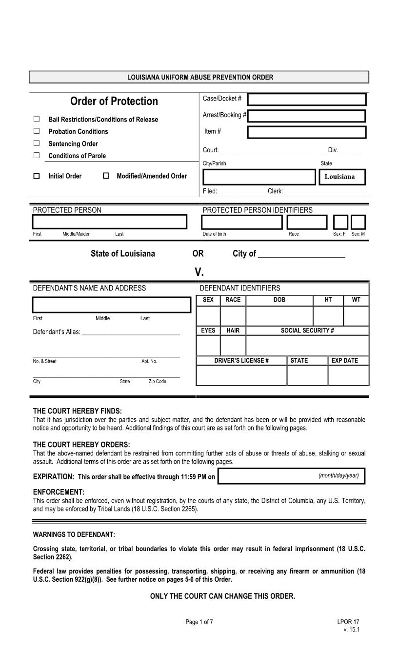 Order Of Protection Bail Restrictions Release-Probate-Sentencing-Parole Conditions {LPOR 17} | Pdf Fpdf Docx | Louisiana