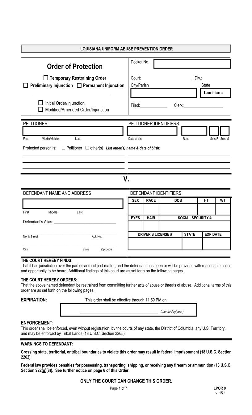 Order Of Protection TRO Or (Modified) Temporary Or Permanent Injunction {LPOR 9} | Pdf Fpdf Docx | Louisiana