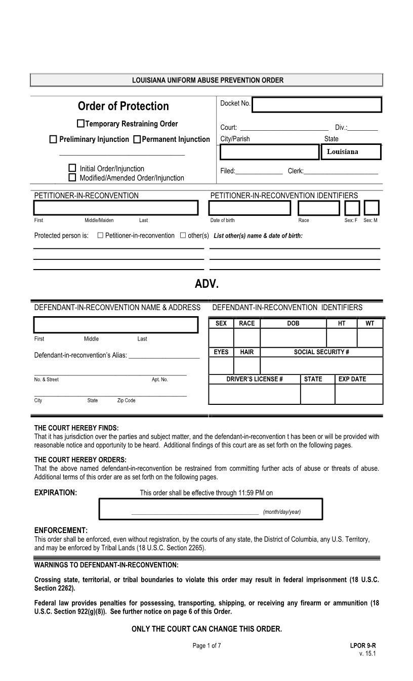Order Of Protection TRO-(Modified) Temporary-Permanent Injunction In-Reconvention {LPOR 9-R} | Pdf Fpdf Docx | Louisiana