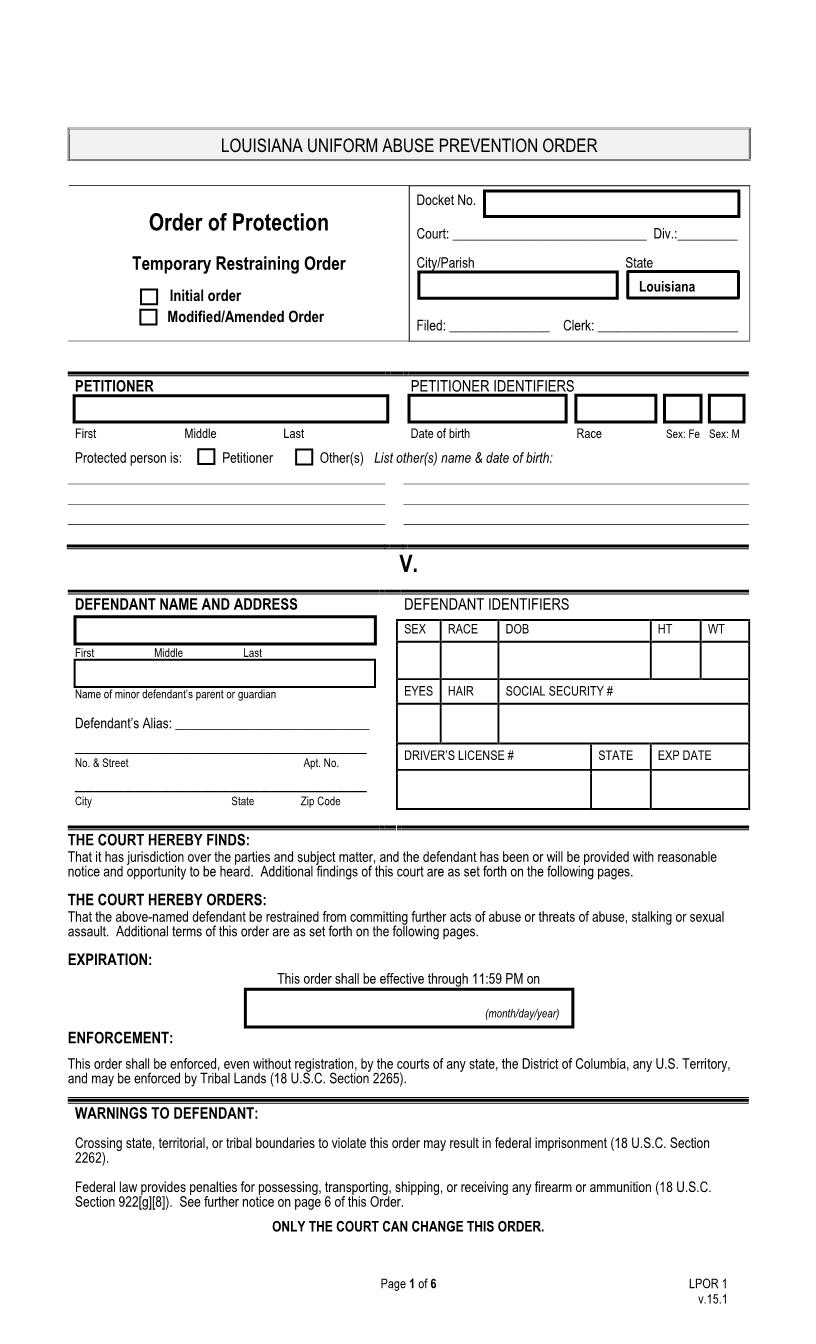 Order Of Protection Temporary Restraining Order {LPOR 1} | Pdf Fpdf Docx | Louisiana