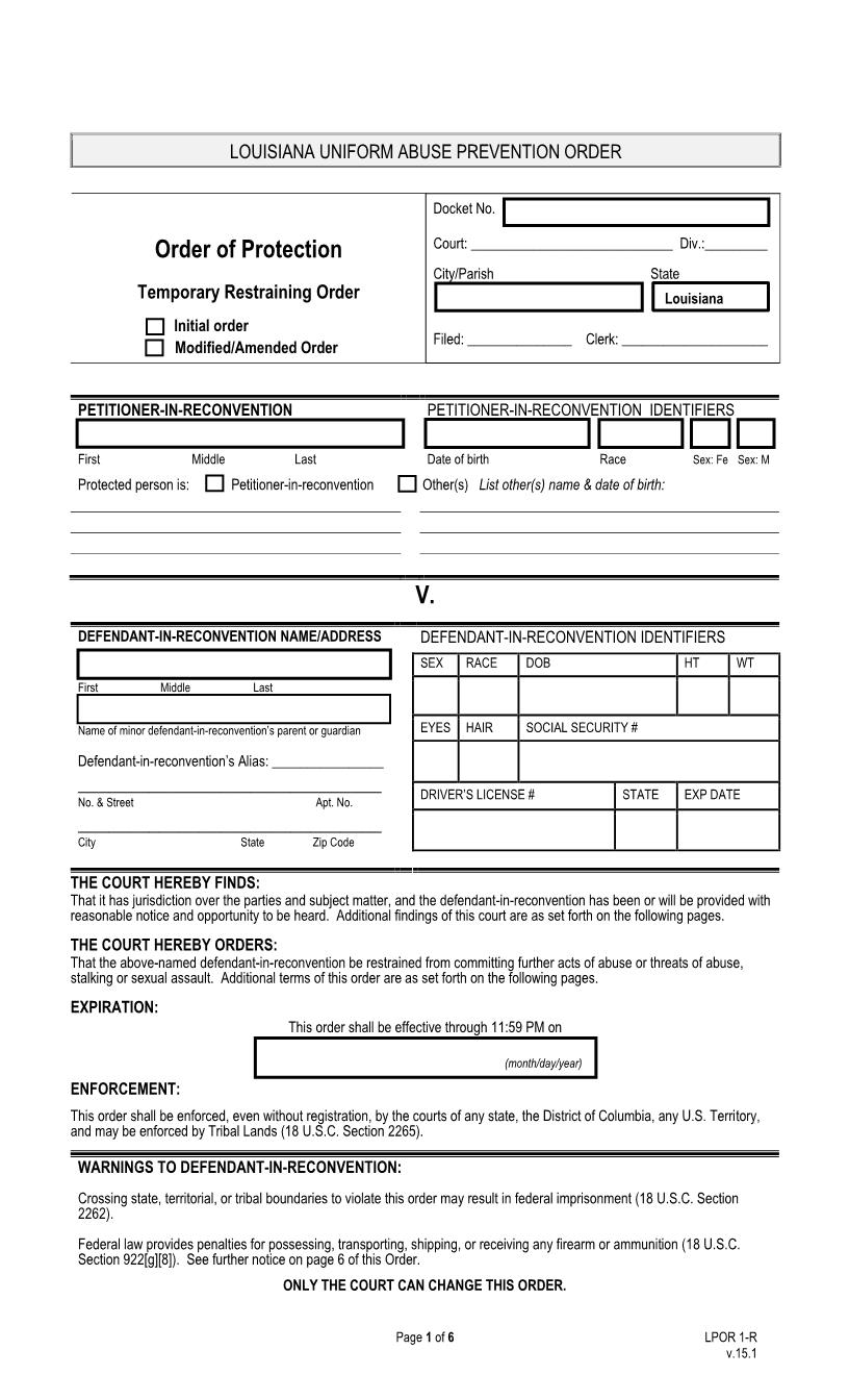 Order Of Protection Temporary Restraining Order In Re-Convention{LPOR 1-R} | Pdf Fpdf Docx | Louisiana