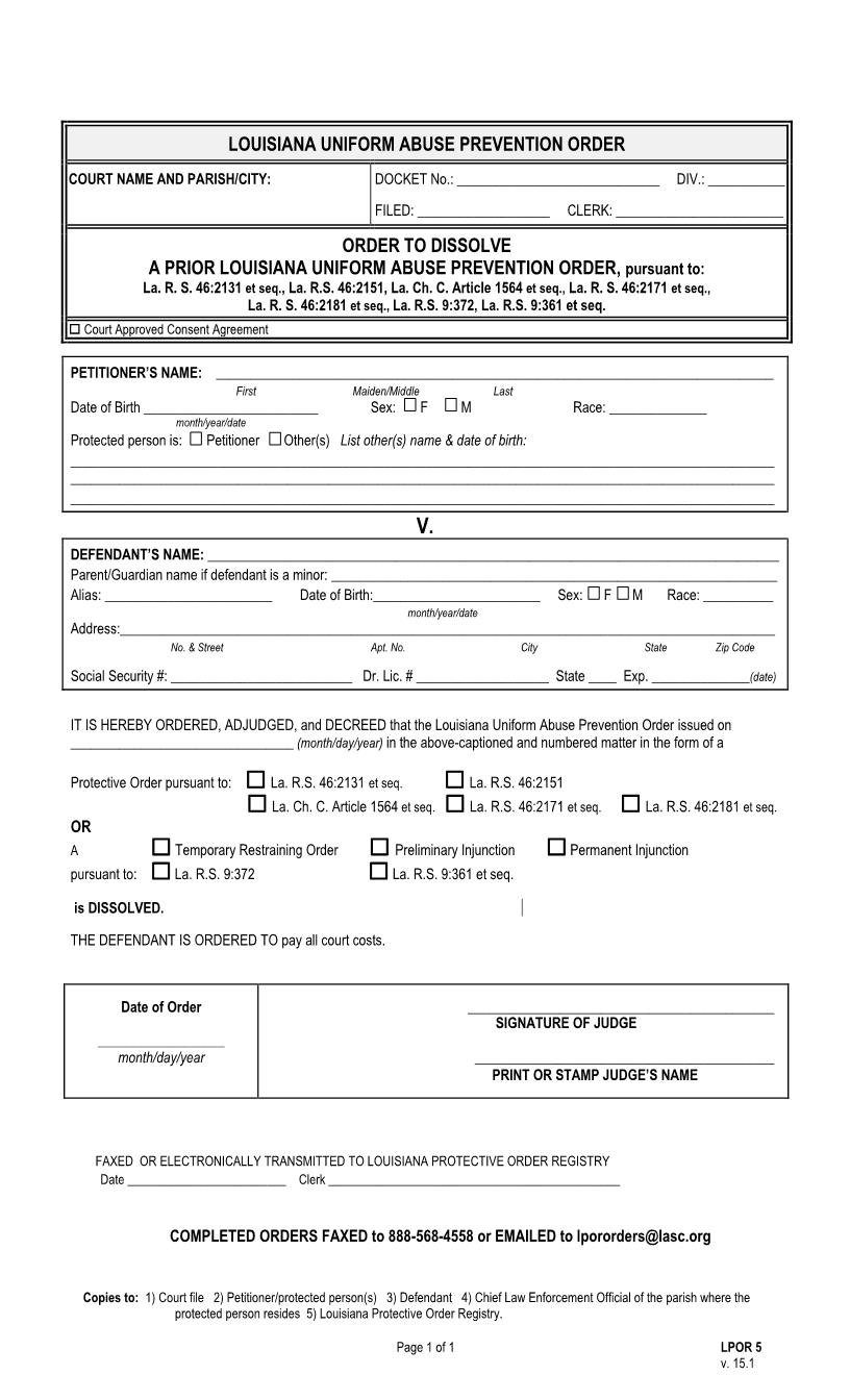 Order To Modify Or Dissolve Prior Uniform Abuse Prevention Order {LPOR 05} | Pdf Fpdf Docx | Louisiana