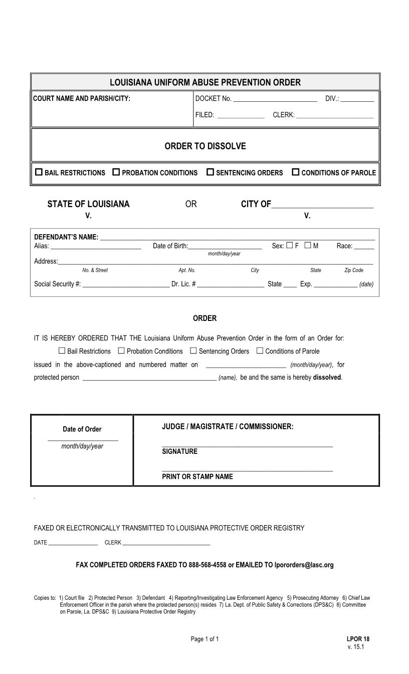 Order To Modify-Dissolve Bail Restrictions Release-Probate-Sentencing-Parole Conditions {LPOR 18} | Pdf Fpdf Docx | Louisiana