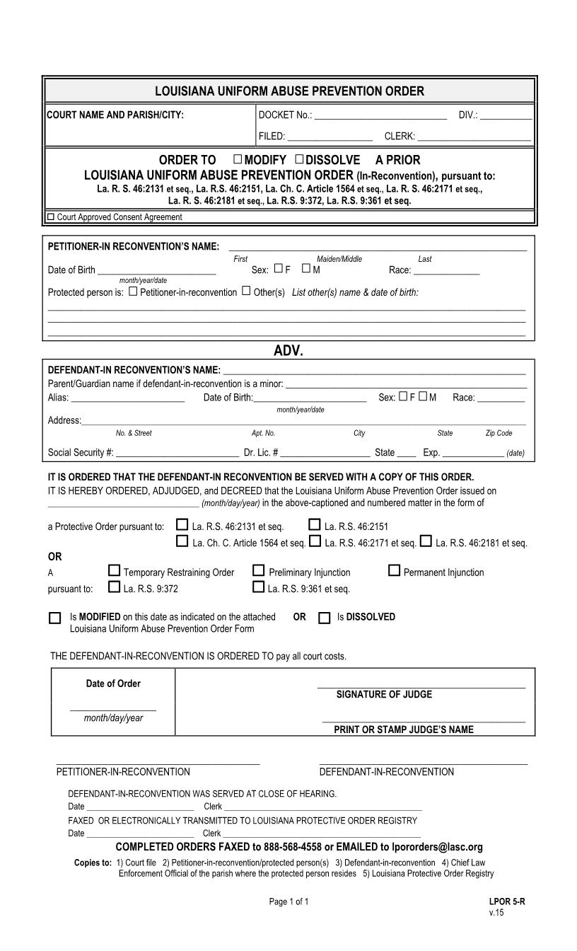 Order To Modify-Dissolve Prior Abuse Prevention Order (In-Reconvention) {LPOR 05-R} | Pdf Fpdf Docx | Louisiana