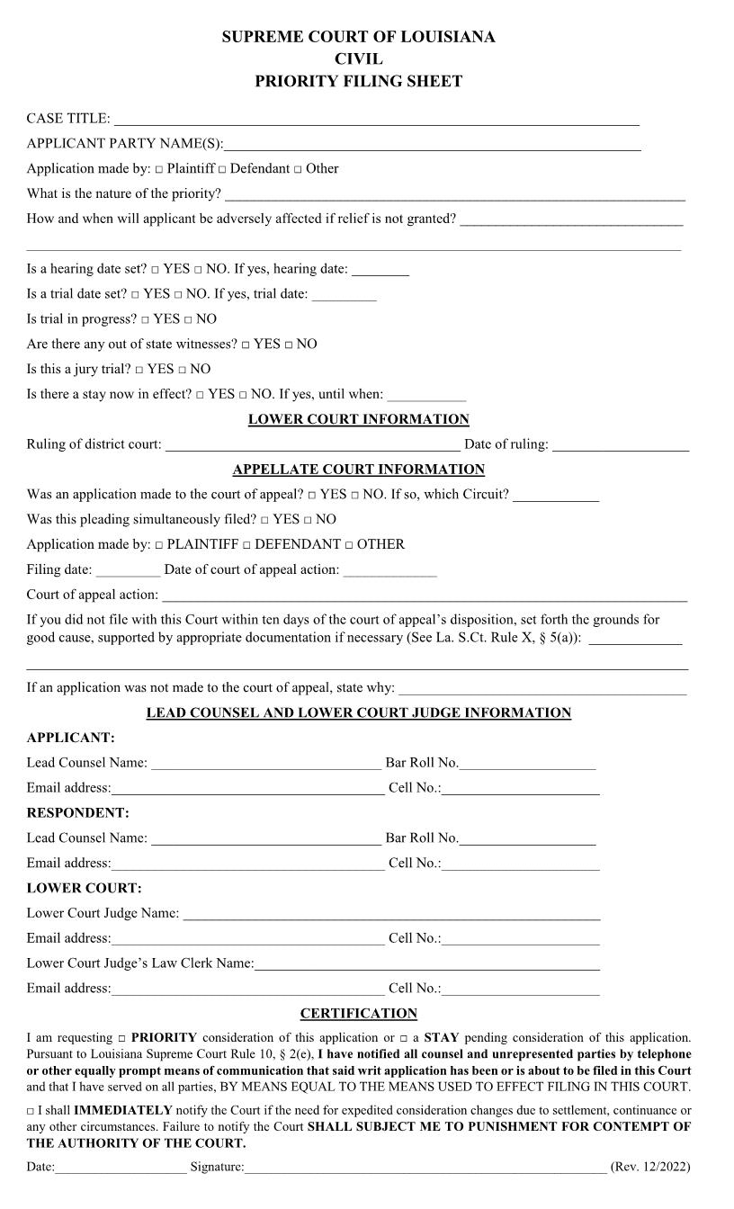 Civil Priority Filing Sheet | Pdf Fpdf Doc Docx | Louisiana