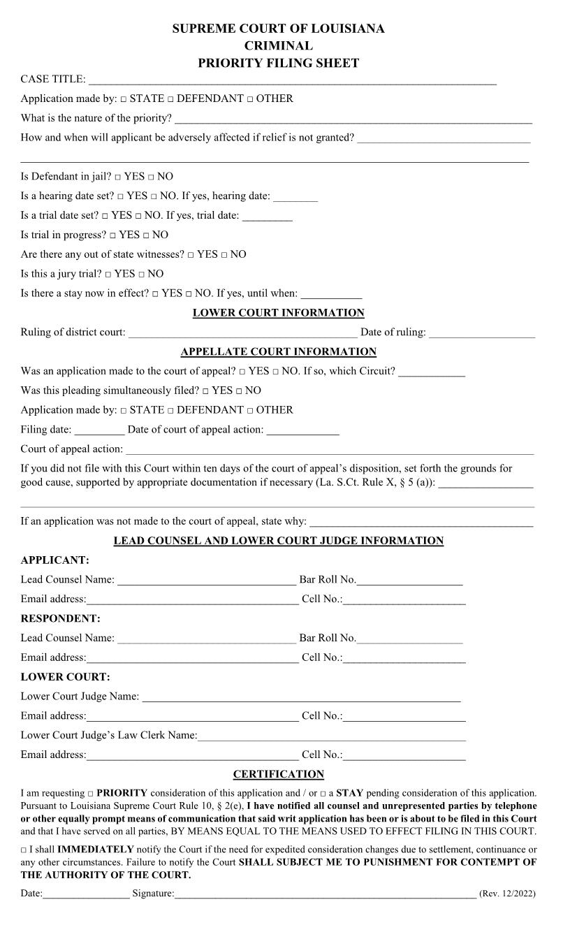 Criminal Priority Filing Sheet | Pdf Fpdf Doc Docx | Louisiana