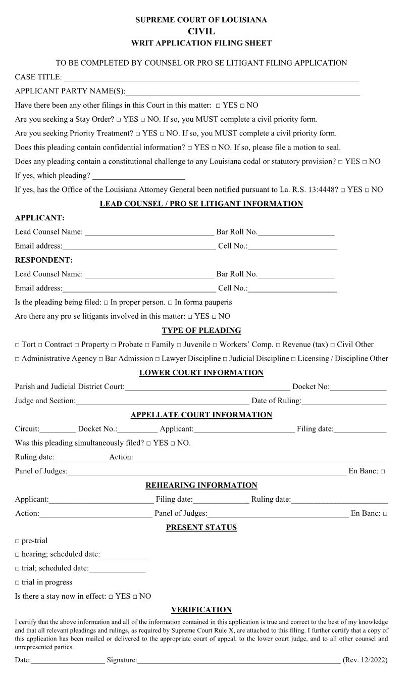 Writ Application Filing Sheet | Pdf Fpdf Doc Docx | Louisiana
