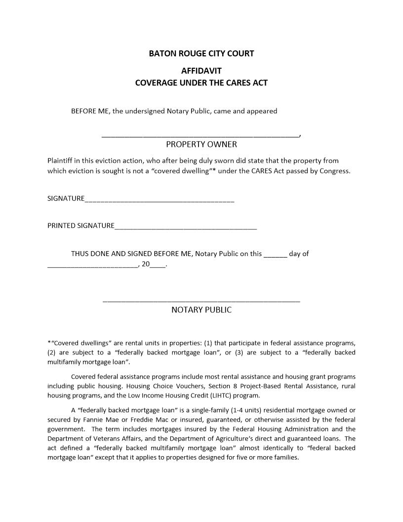 Affidavit Coverage Under The CARES Act | Pdf Fpdf Docx | Louisiana