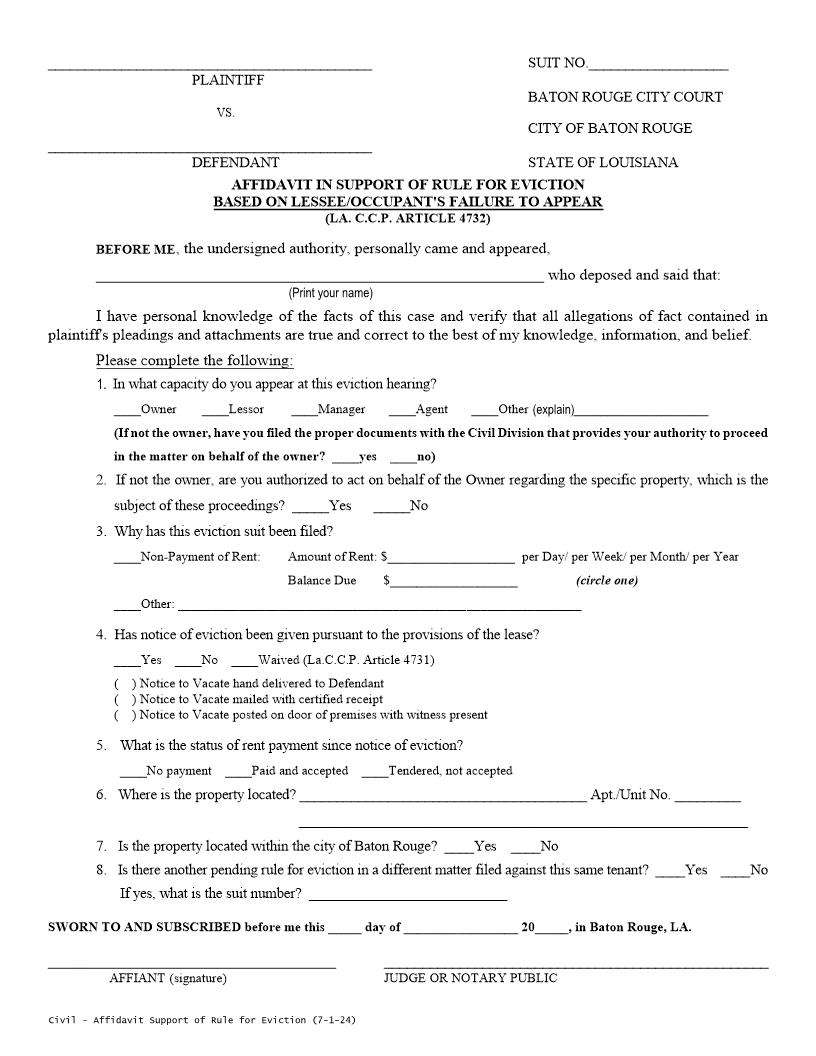 Affidavit In Support Of Rule For Eviction Based On Lessee Or Occupants Failure To Appear | Pdf Fpdf Docx | Louisiana