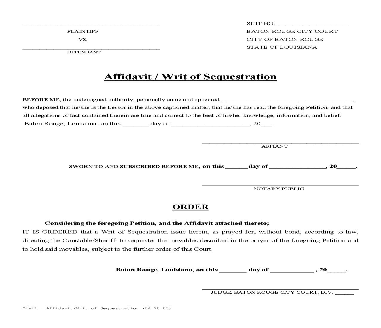 Affidavit Or Writ Of Sequestration | Pdf Fpdf Doc Docx | Louisiana