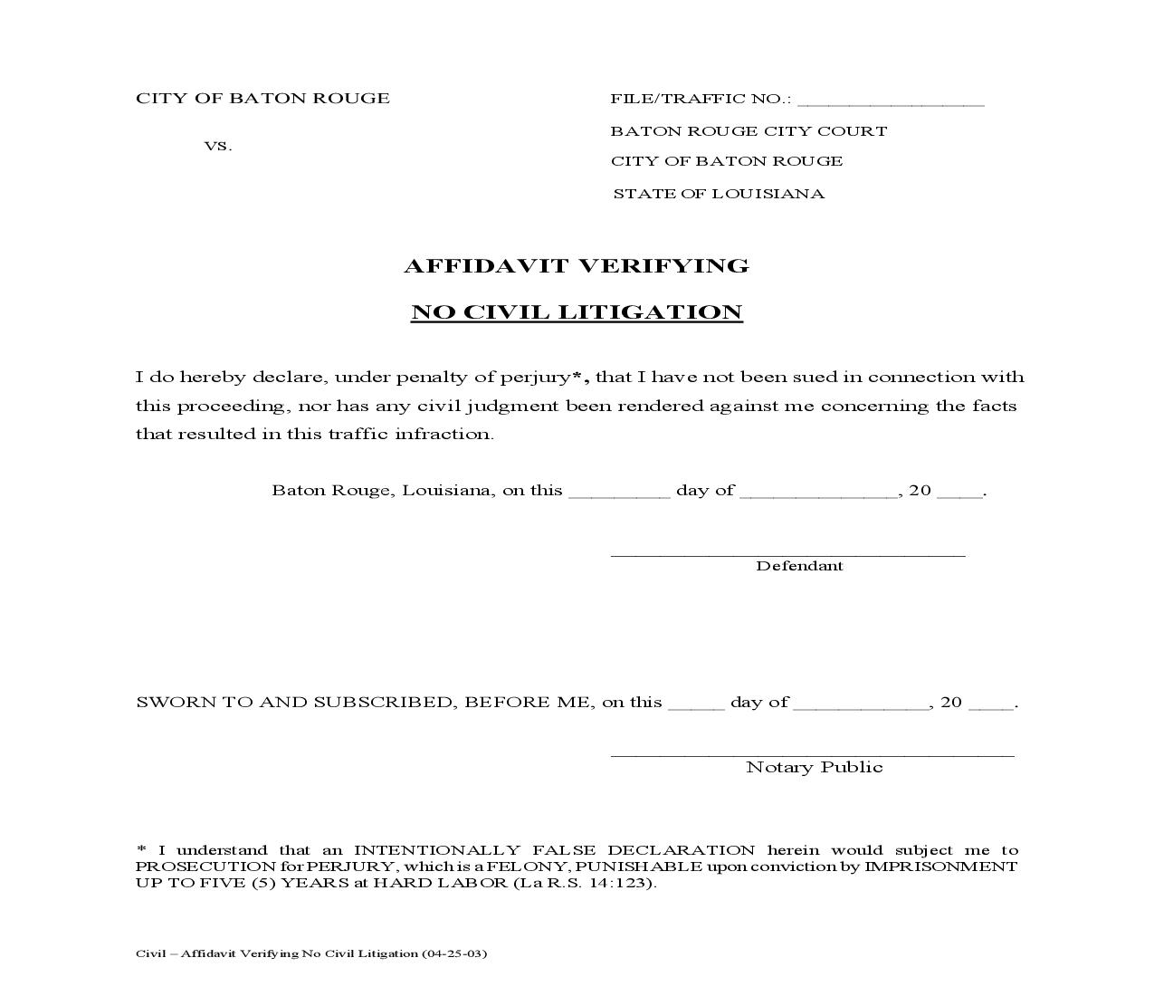 Affidavit Verifying No Civil Litigation | Pdf Fpdf Doc Docx | Louisiana