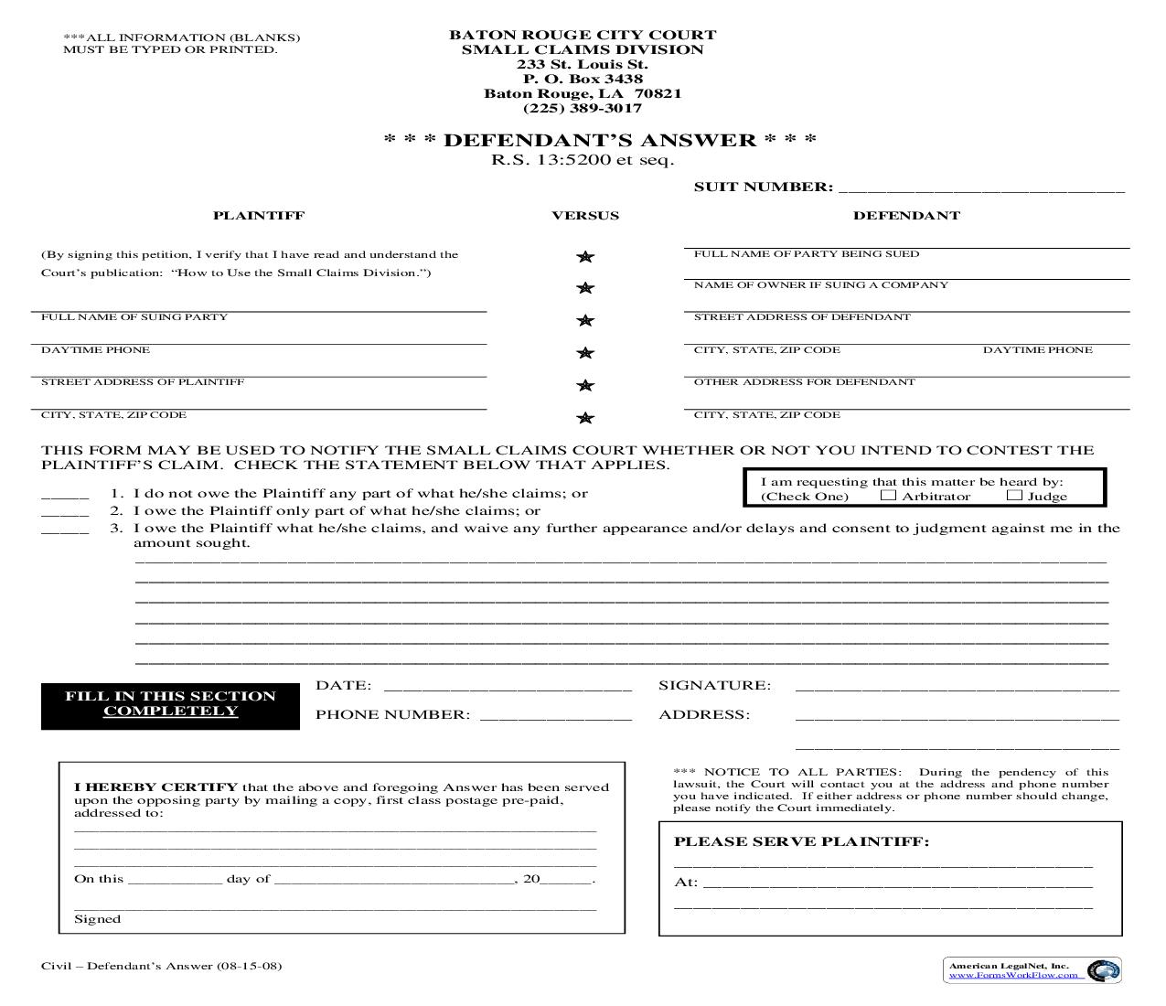 Defendants Answer | Pdf Fpdf Doc Docx | Louisiana