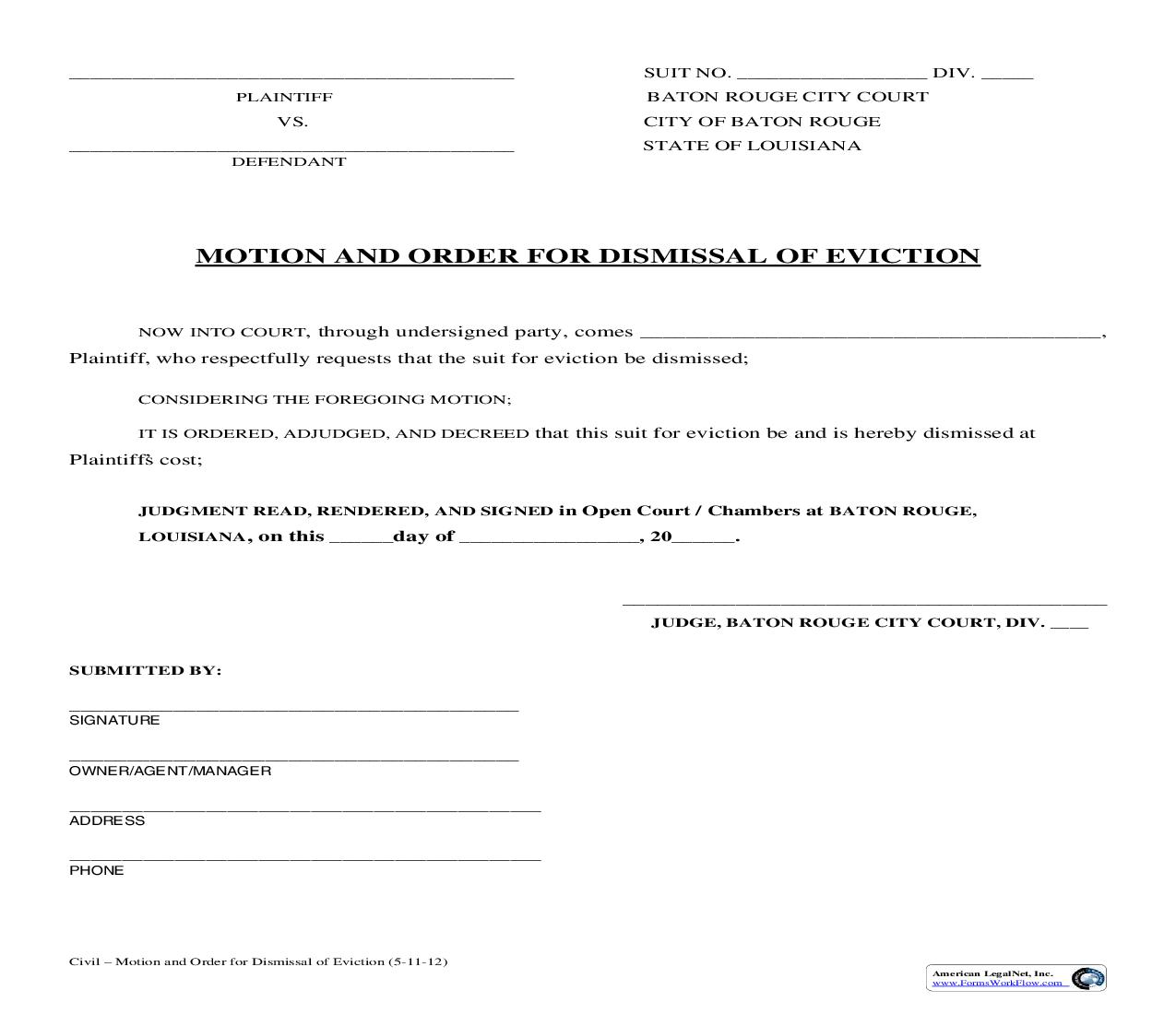 Motion And Order For Dismissal Of Eviction | Pdf Fpdf Doc Docx | Louisiana