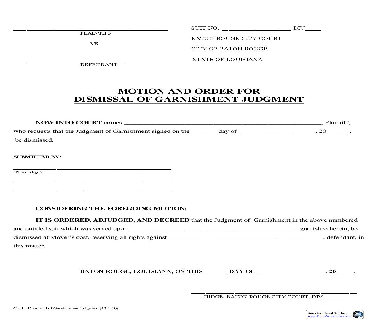 Motion And Order For Dismissal Of Garnishment Judgment | Pdf Fpdf Doc Docx | Louisiana