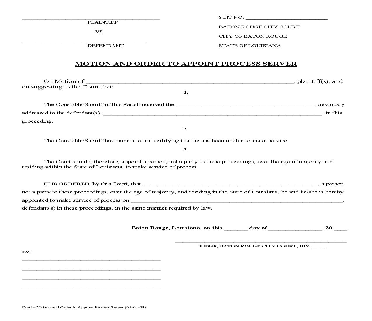 Motion And Order To Appoint Process Server | Pdf Fpdf Doc Docx | Louisiana
