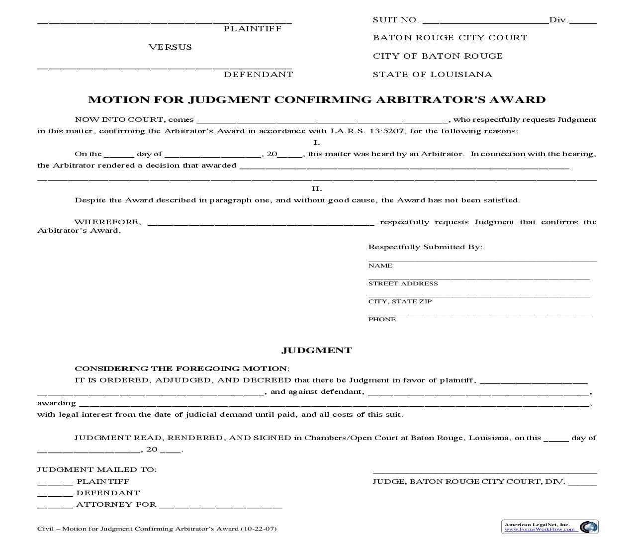 Motion For Judgment Confirming Arbitrators Award | Pdf Fpdf Doc Docx | Louisiana