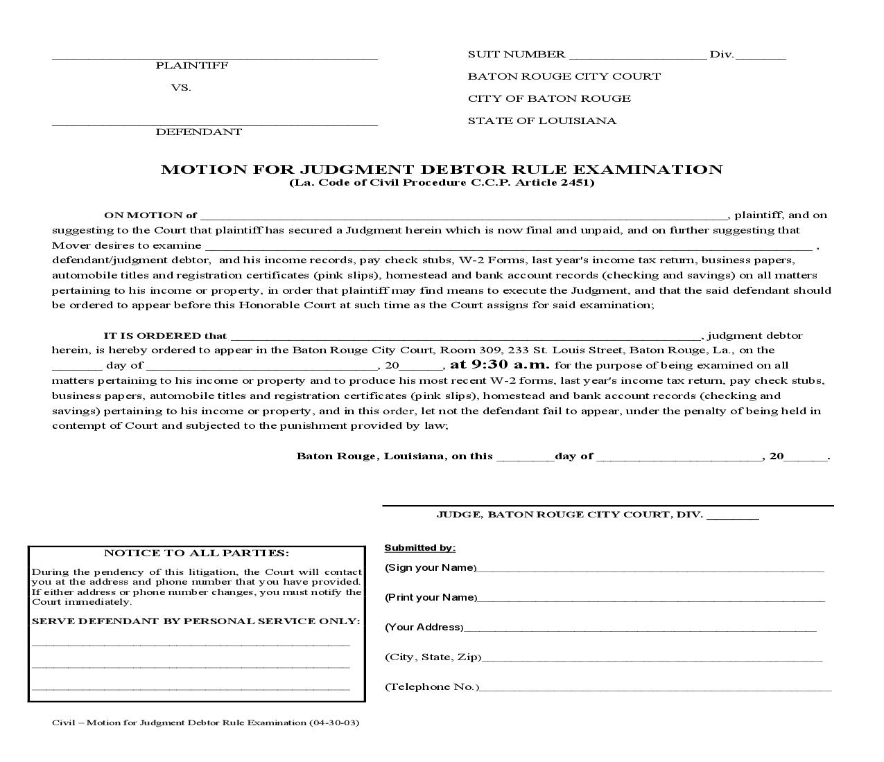Motion For Judgment Debtor Rule Examination | Pdf Fpdf Doc Docx | Louisiana