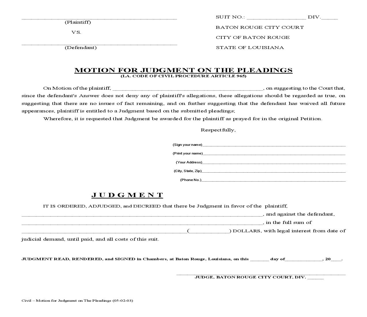 Motion For Judgment On Pleadings | Pdf Fpdf Doc Docx | Louisiana