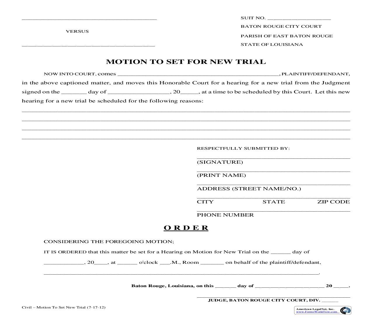 Motion To Set For New Trial | Pdf Fpdf Doc Docx | Louisiana