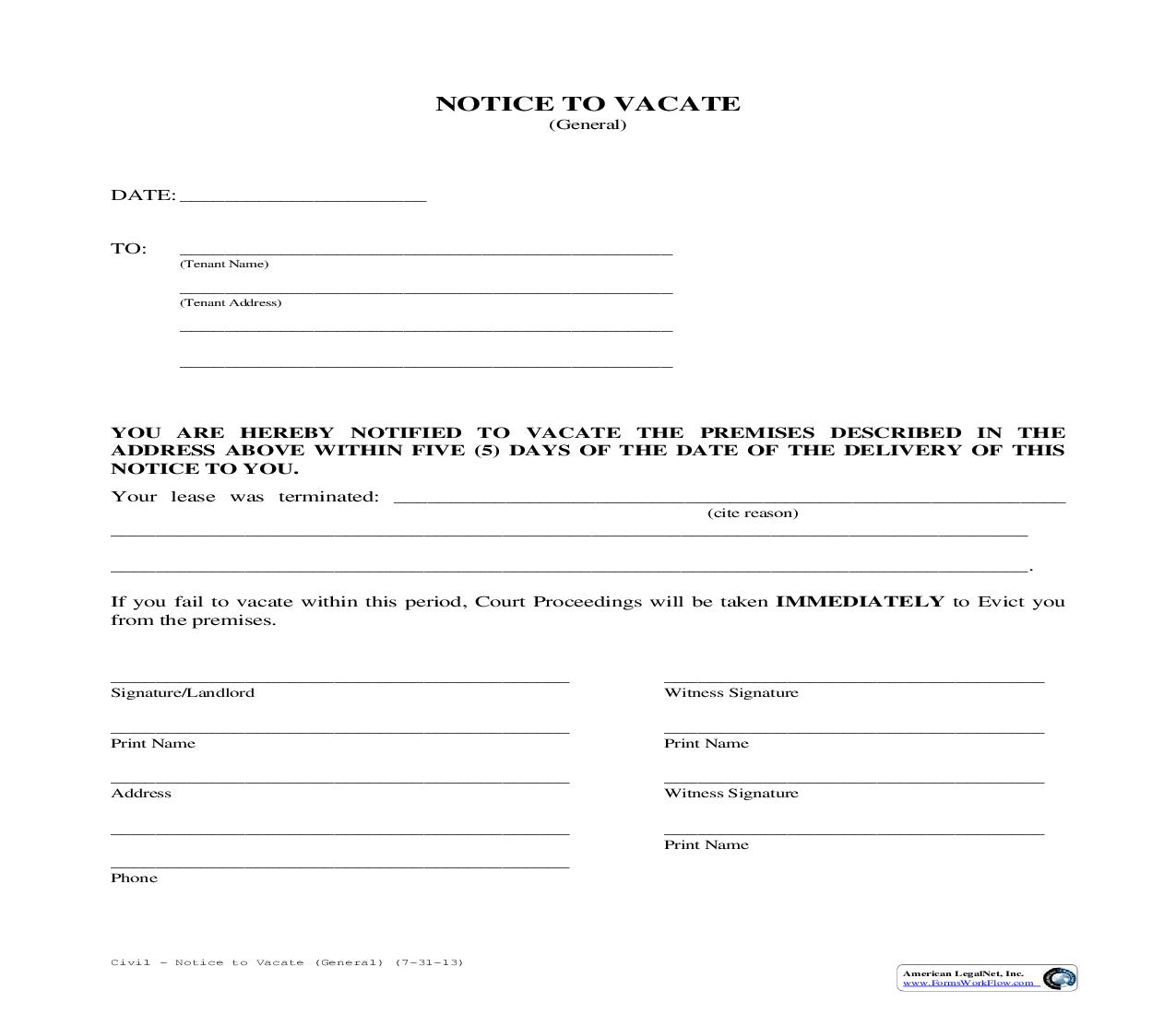 Notice To Vacate (General) | Pdf Fpdf Doc Docx | Louisiana