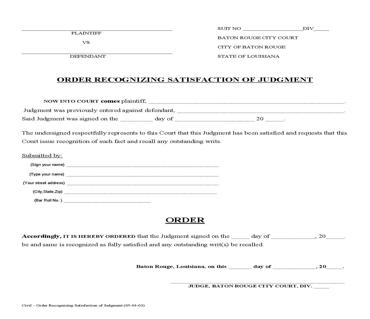 Order Recognizing Satisfaction Of Judgment | Pdf Fpdf Doc Docx | Louisiana